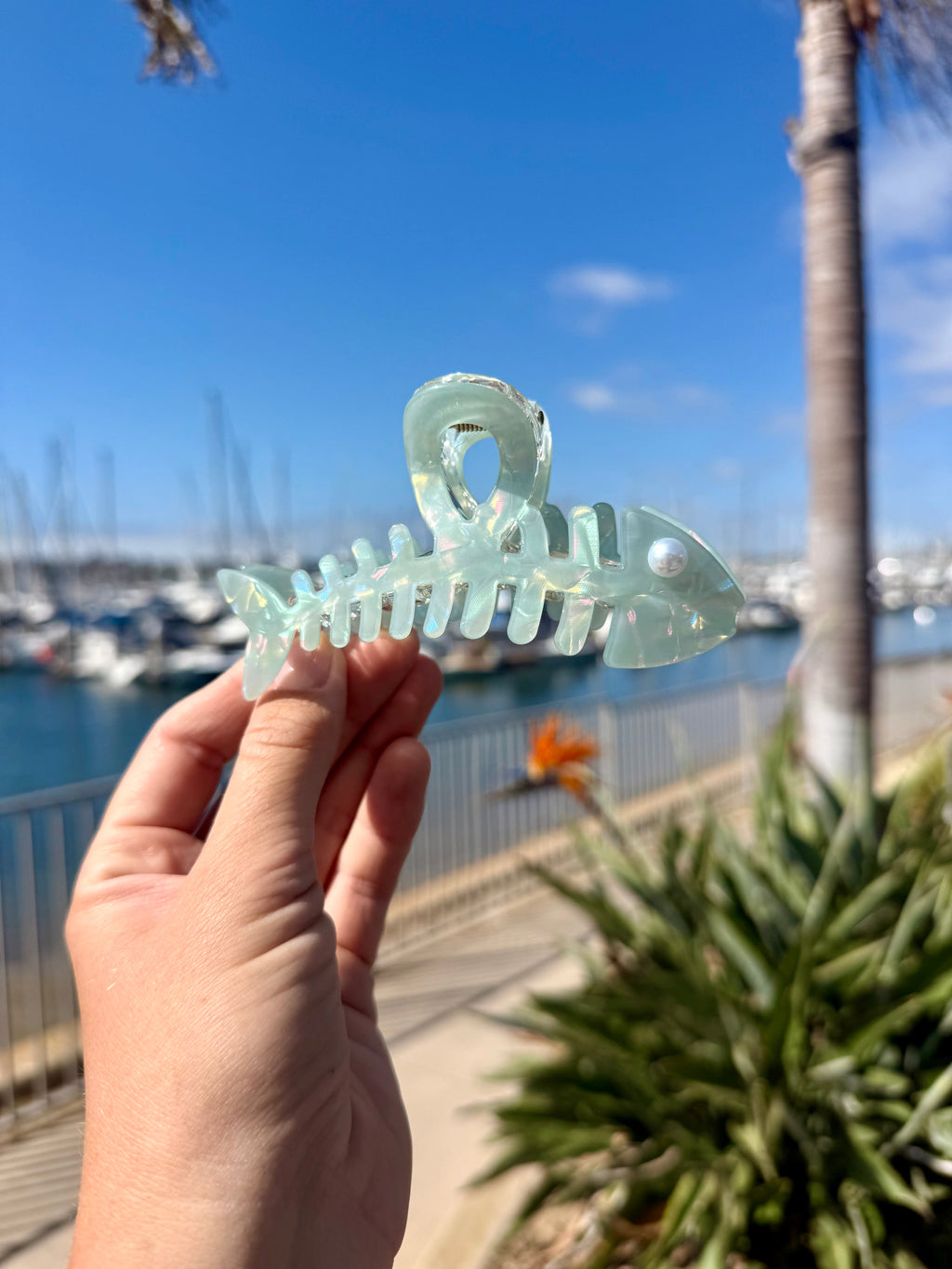 Mint Fish Skeleton Hair Claw Clip - side view