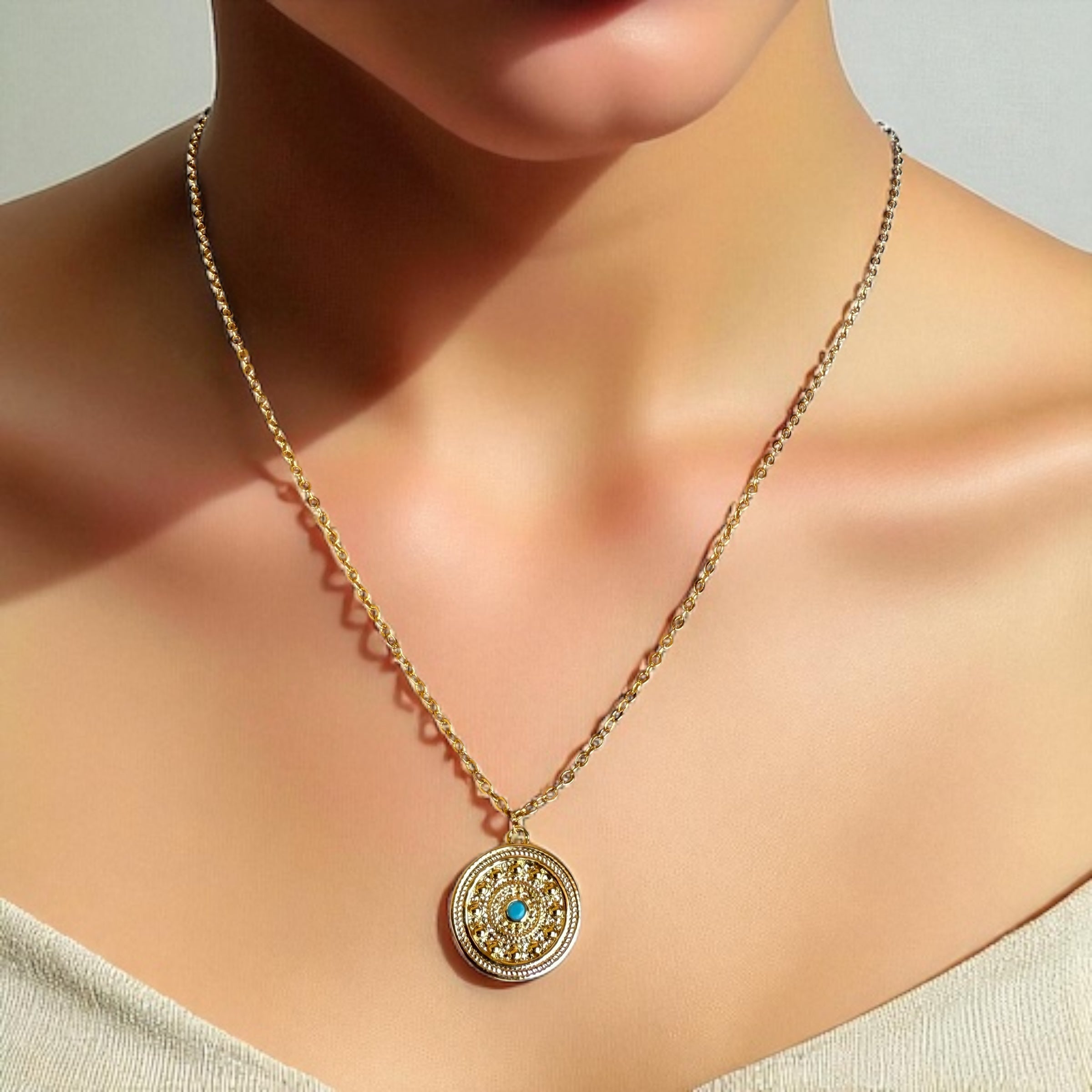 Evil Eye Coin Gold-Filled Necklace with Turquoise Center
