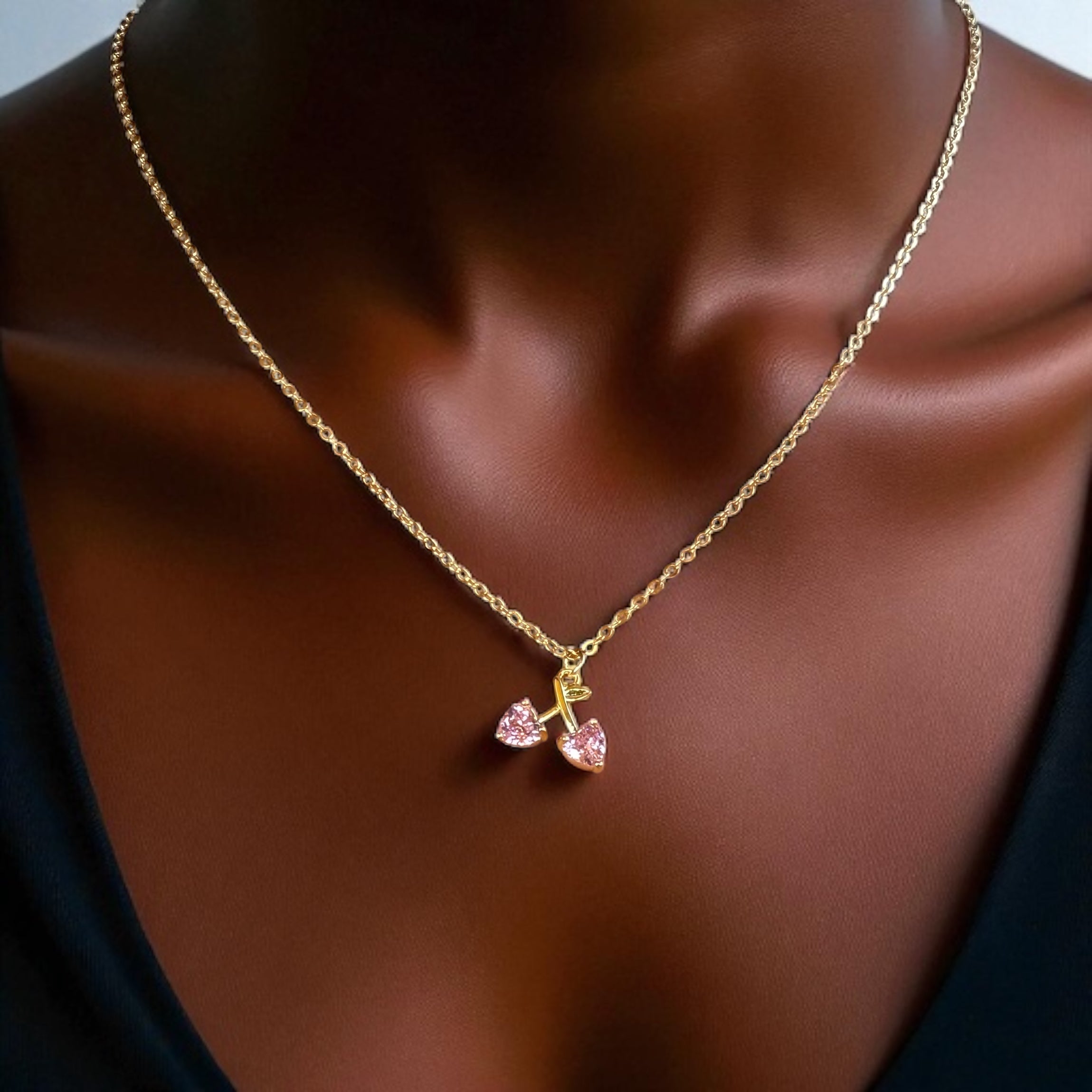 Pink Crystal Cherry Gold Filled Necklace