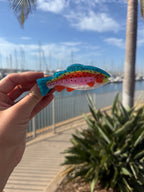 Rainbow trout hair claw clip held up with palm tree and marina behind