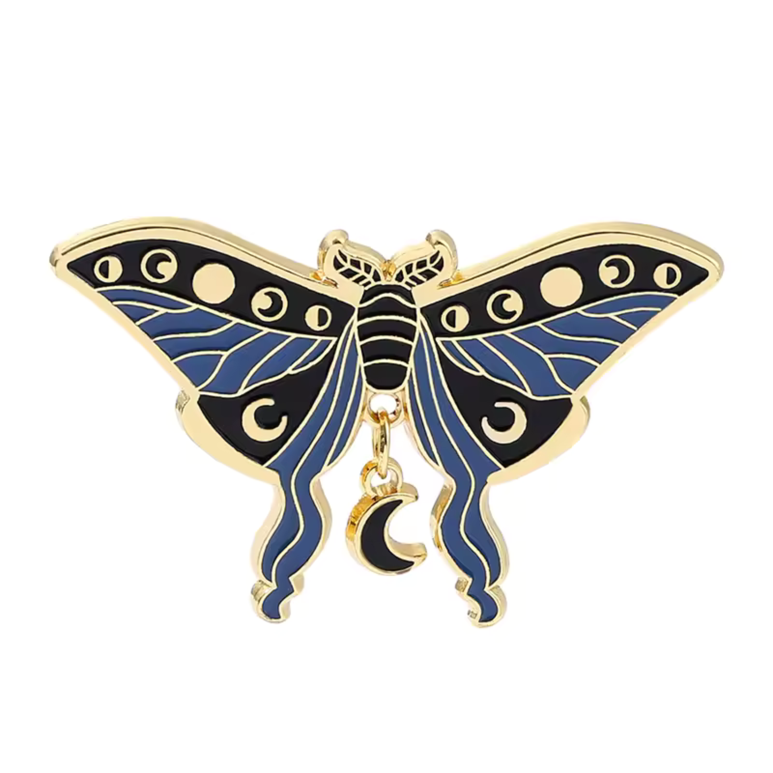 Luna Moth Enamel Pin - Navy and Black with Moon Charm