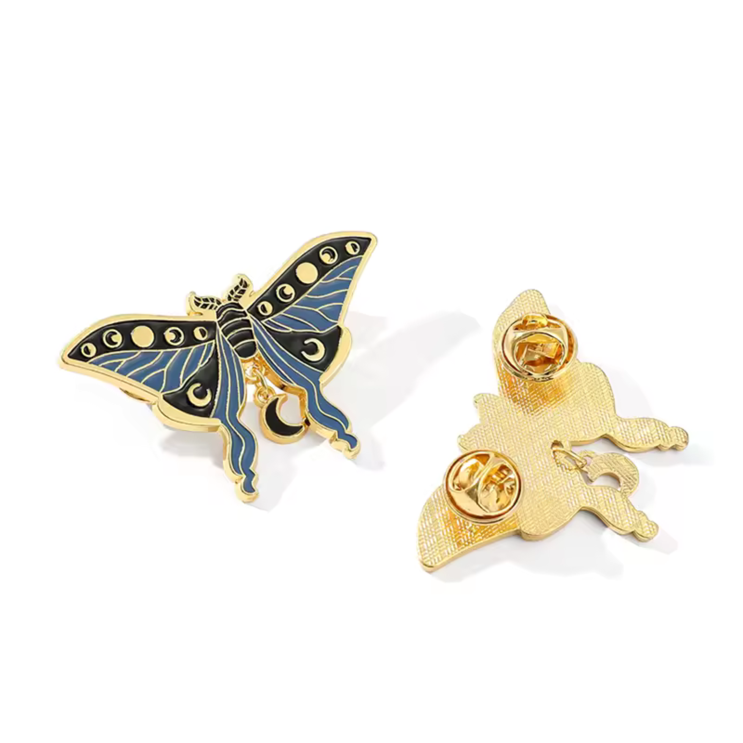 Luna Moth Enamel Pin - Navy and Black with Moon Charm
