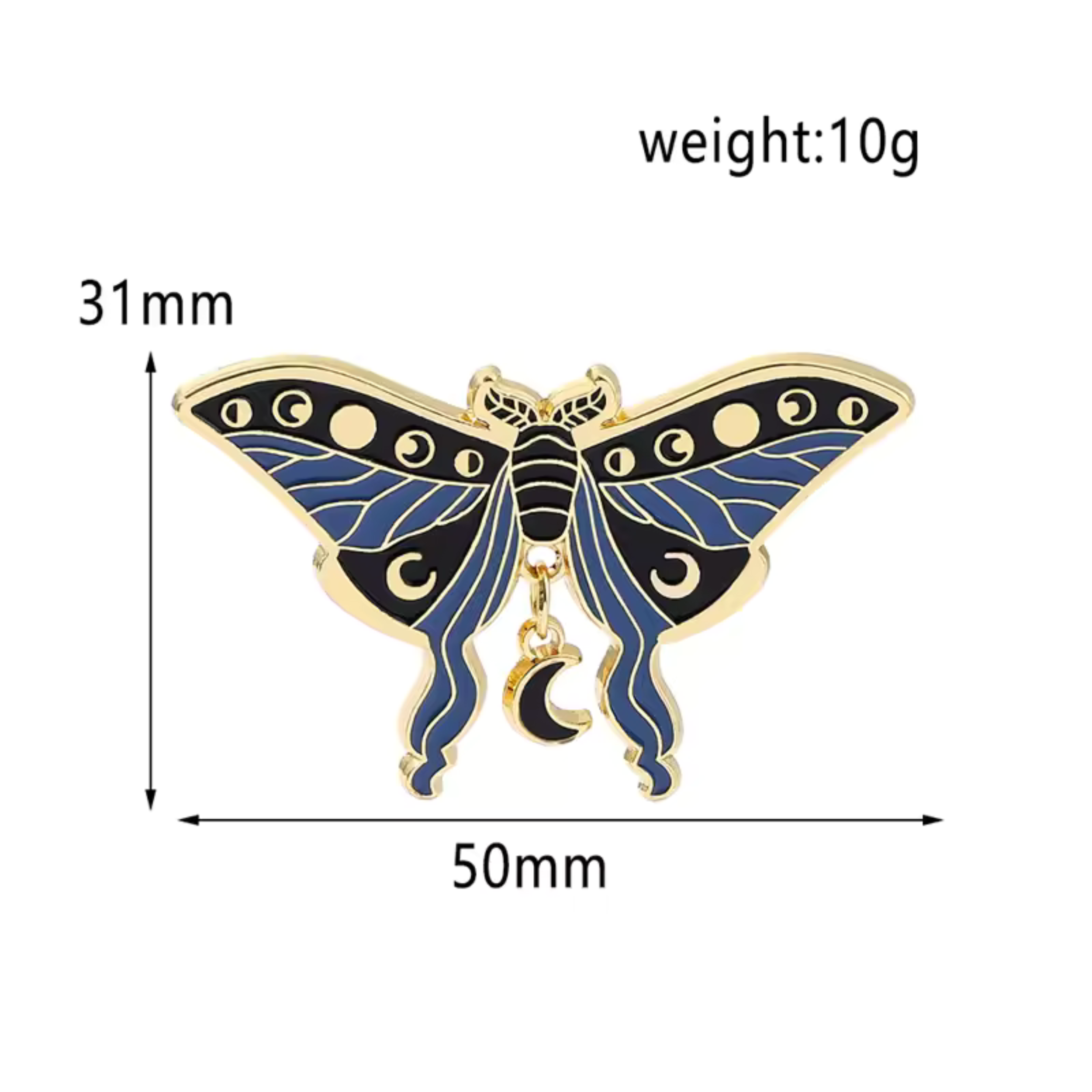 Luna Moth Enamel Pin - Navy and Black with Moon Charm