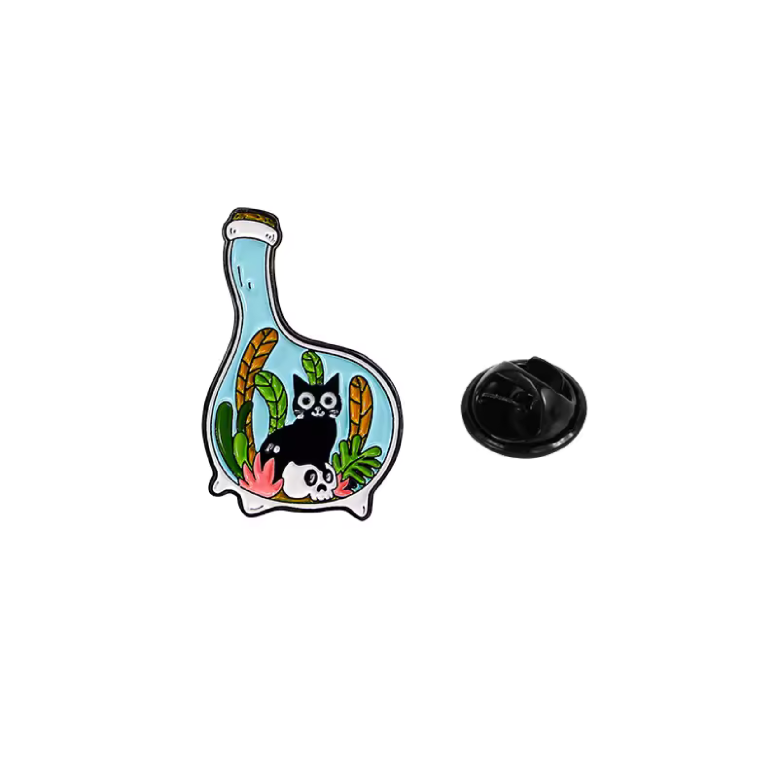 Cat in a Bottle with Skull and Desert Plants Enamel Pin
