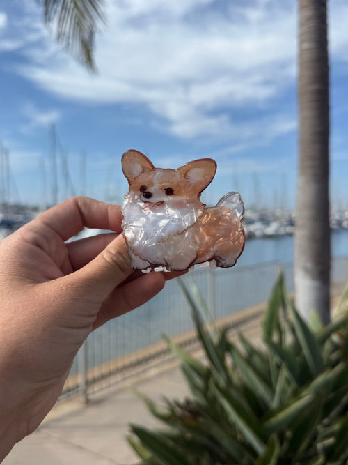 Peeking corgi face hair claw clip held up against marina background