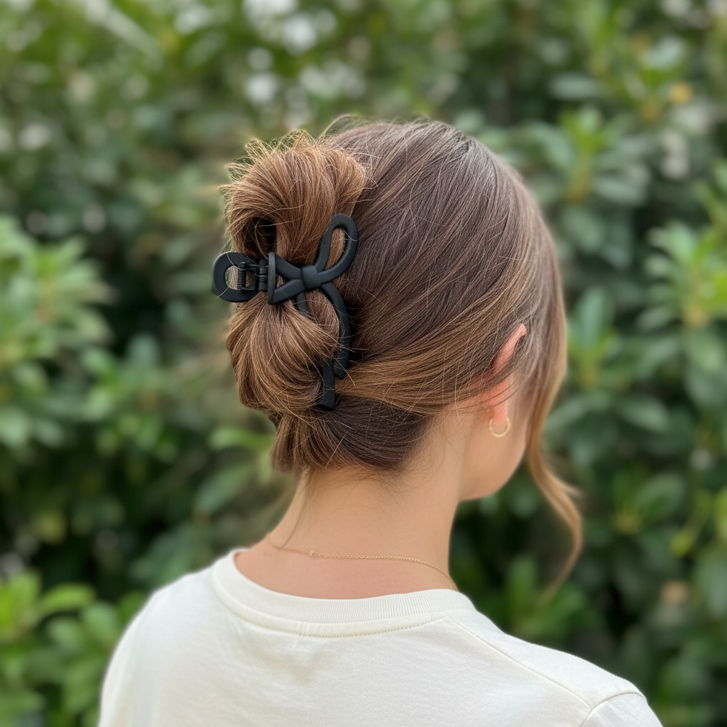 Auburn hair with black bow clip