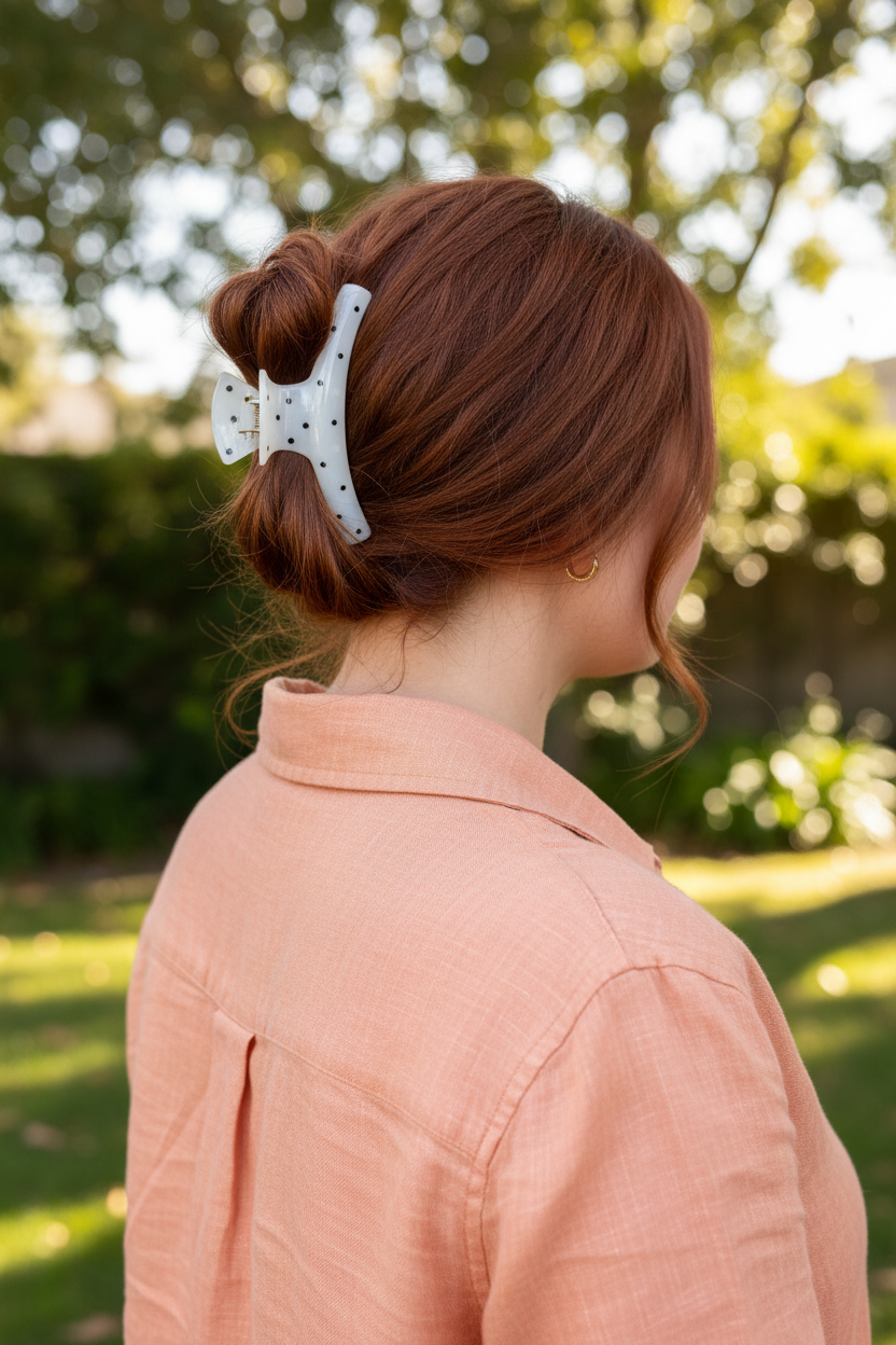 Auburn low bun with peach linen
