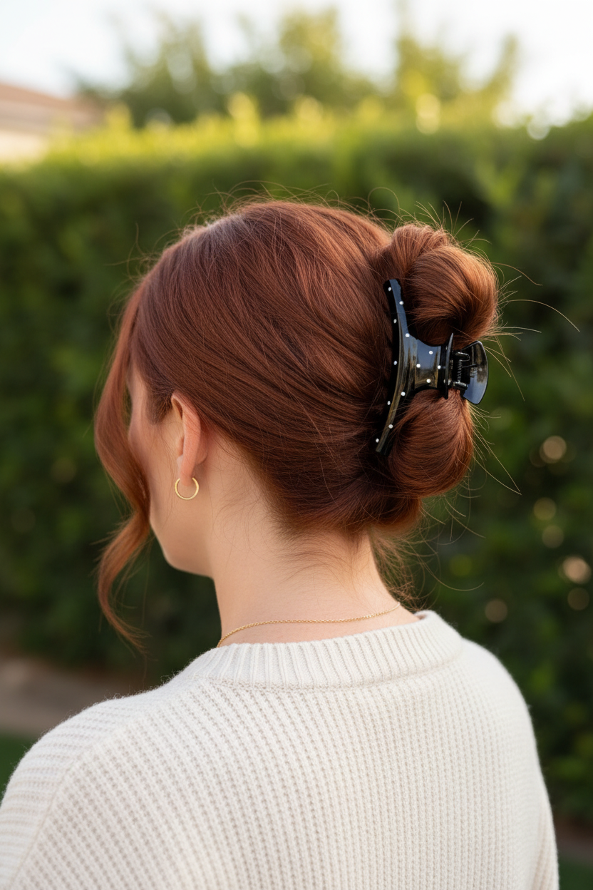 Auburn twisted bun with cream sweater