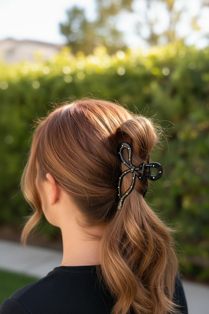 Black polka dot bow - auburn red