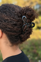 Black polka dot bow - thick curly brown