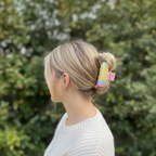 Blonde hair with geometric claw clip