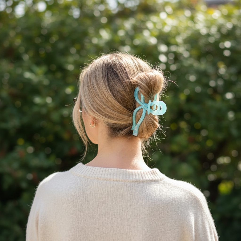 Blonde hair with mint blue bow clip