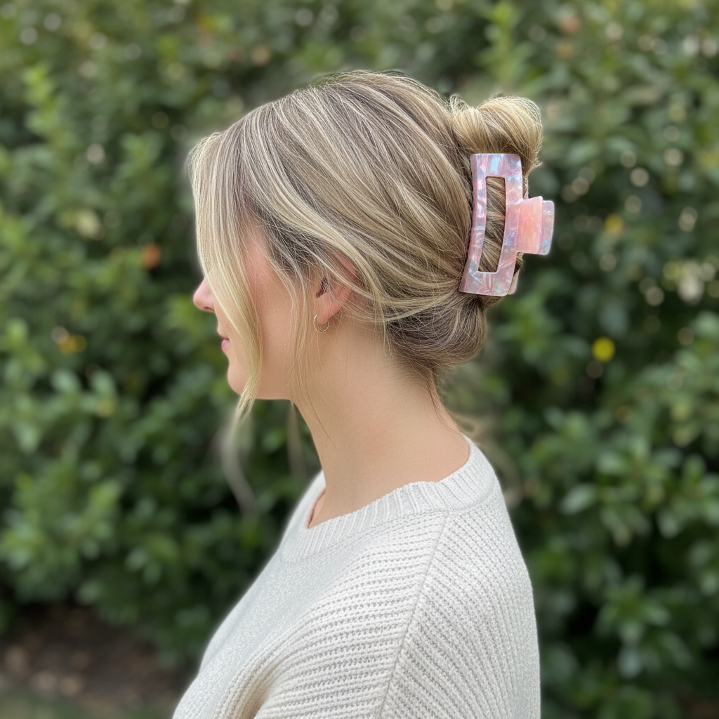 Blonde hair with pink purple claw clip