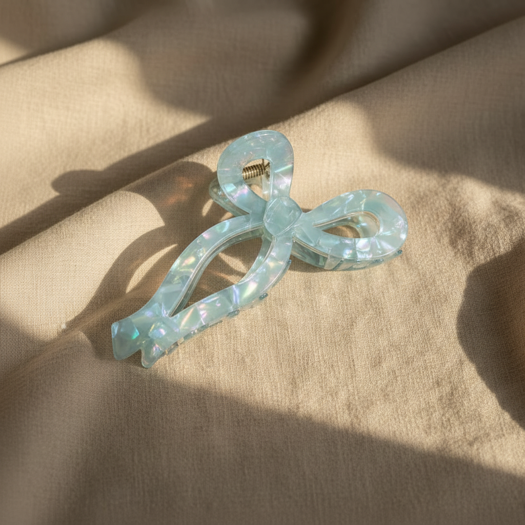 Blue bow close-up with sunlight