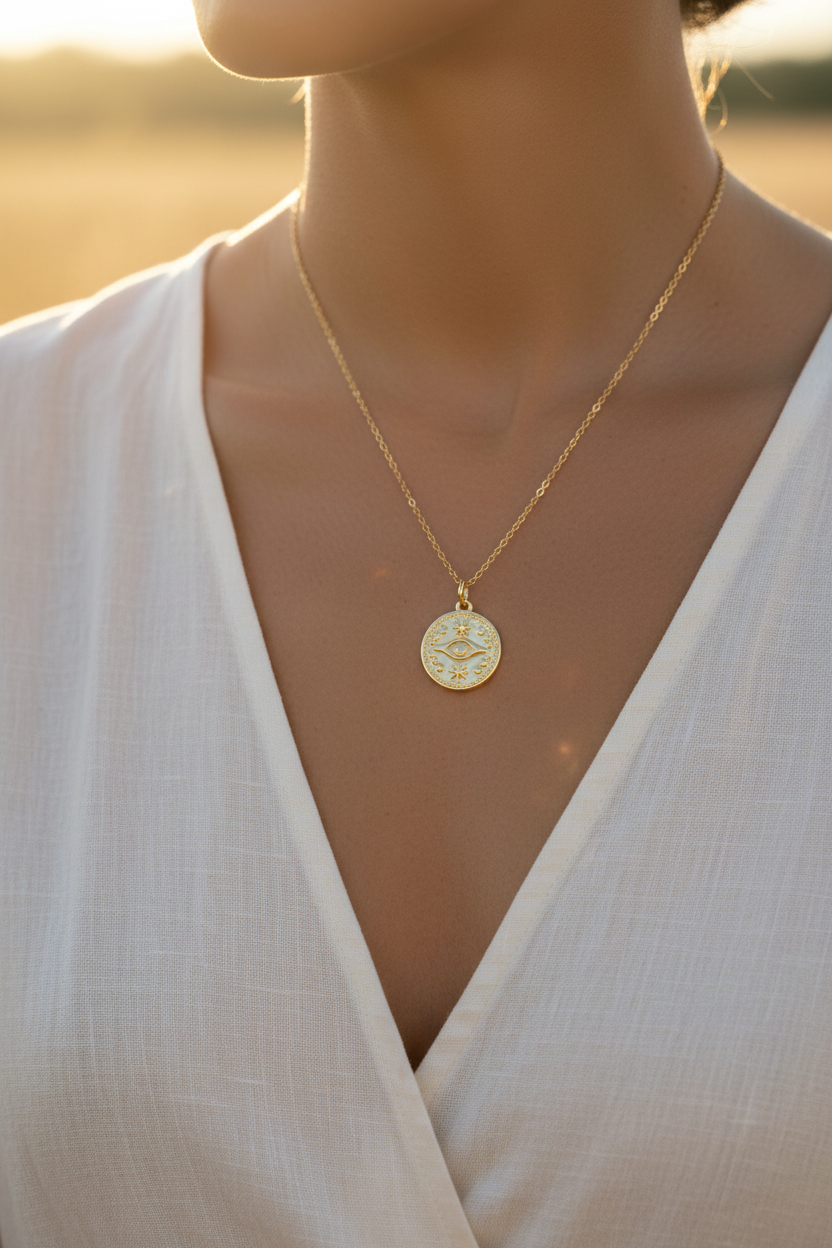 Celestial eye necklace golden hour outdoor