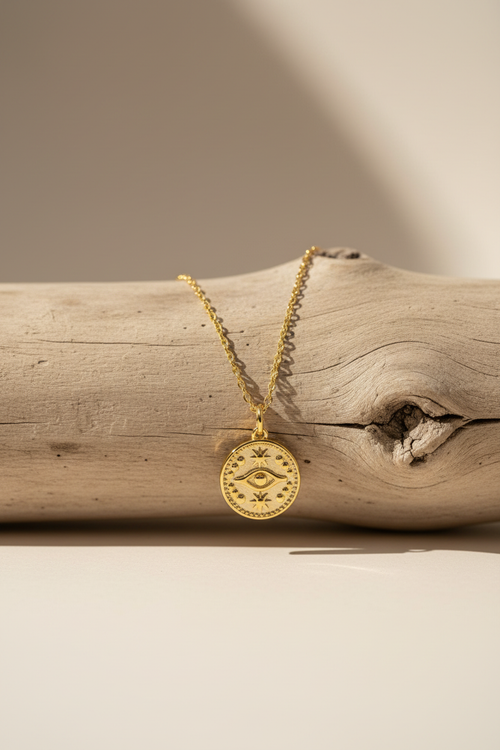 Celestial eye necklace on wood branch