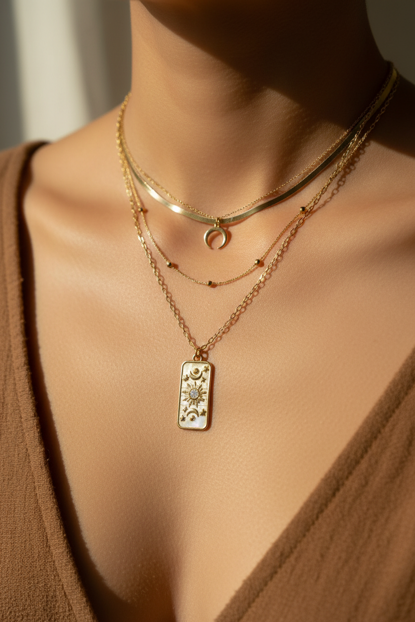 Celestial necklace layered with other gold necklaces