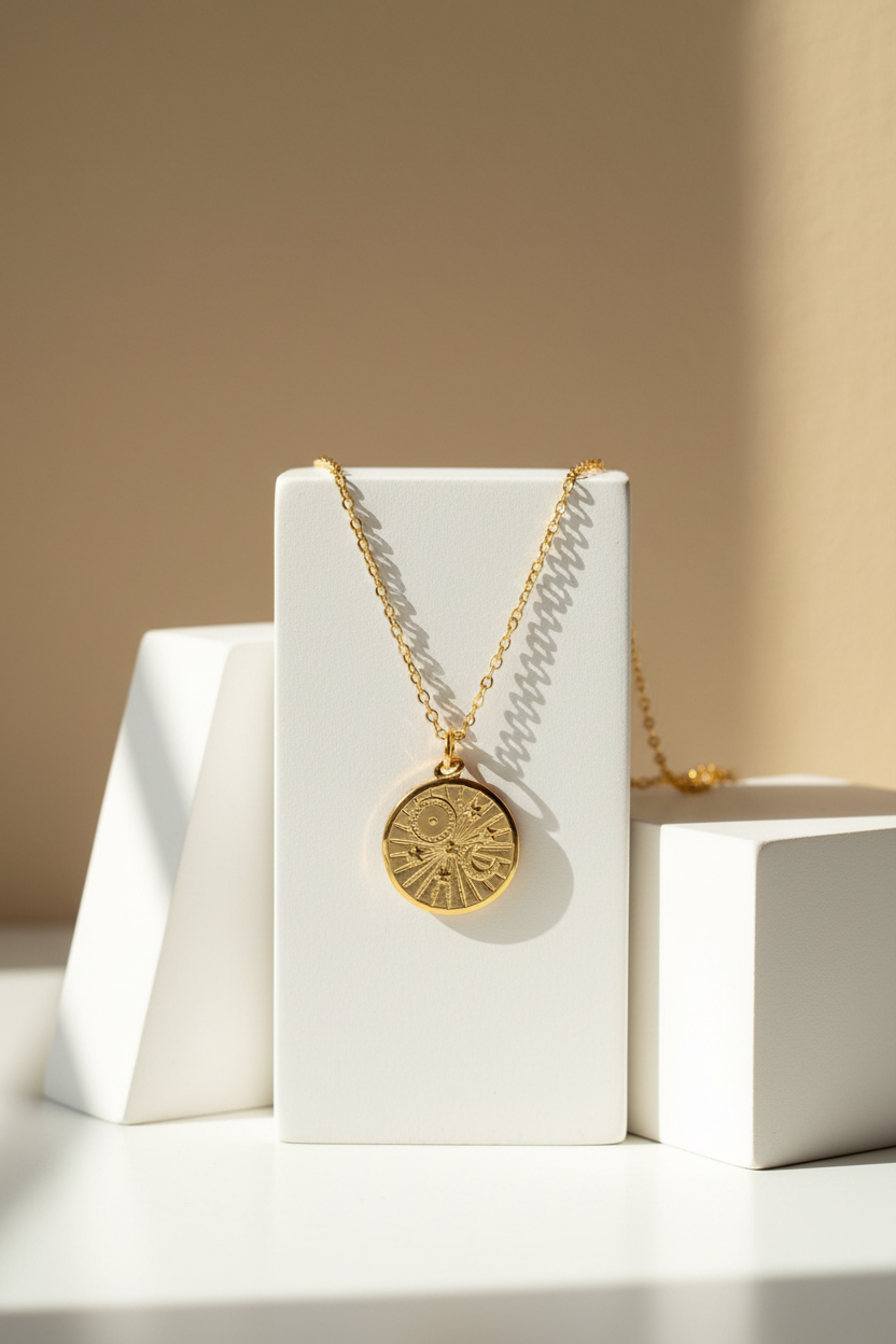 Celestial necklace on white geometric stand