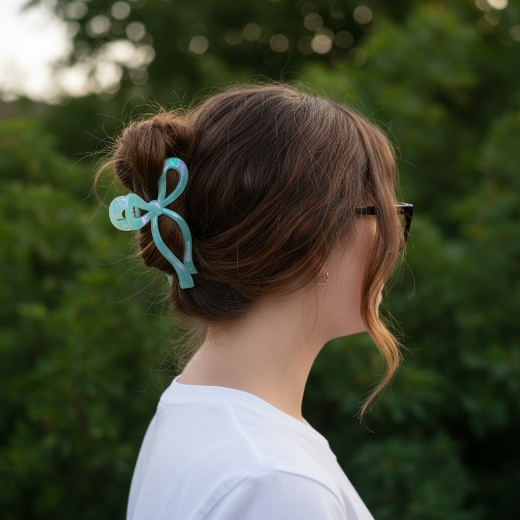 Chestnut brown side view with mint blue bow