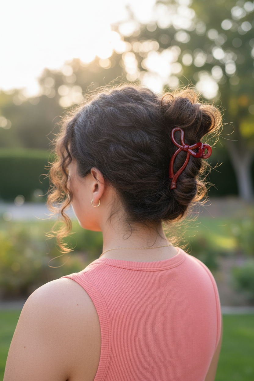 Coily hair half-up with coral pink tank