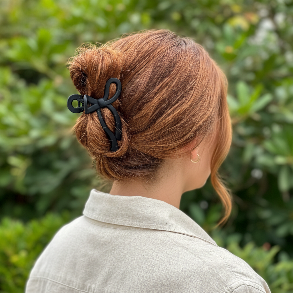Copper red wavy with black bow clip