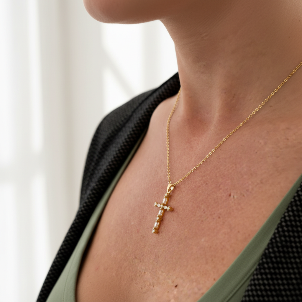 Cross necklace lifestyle - side angle