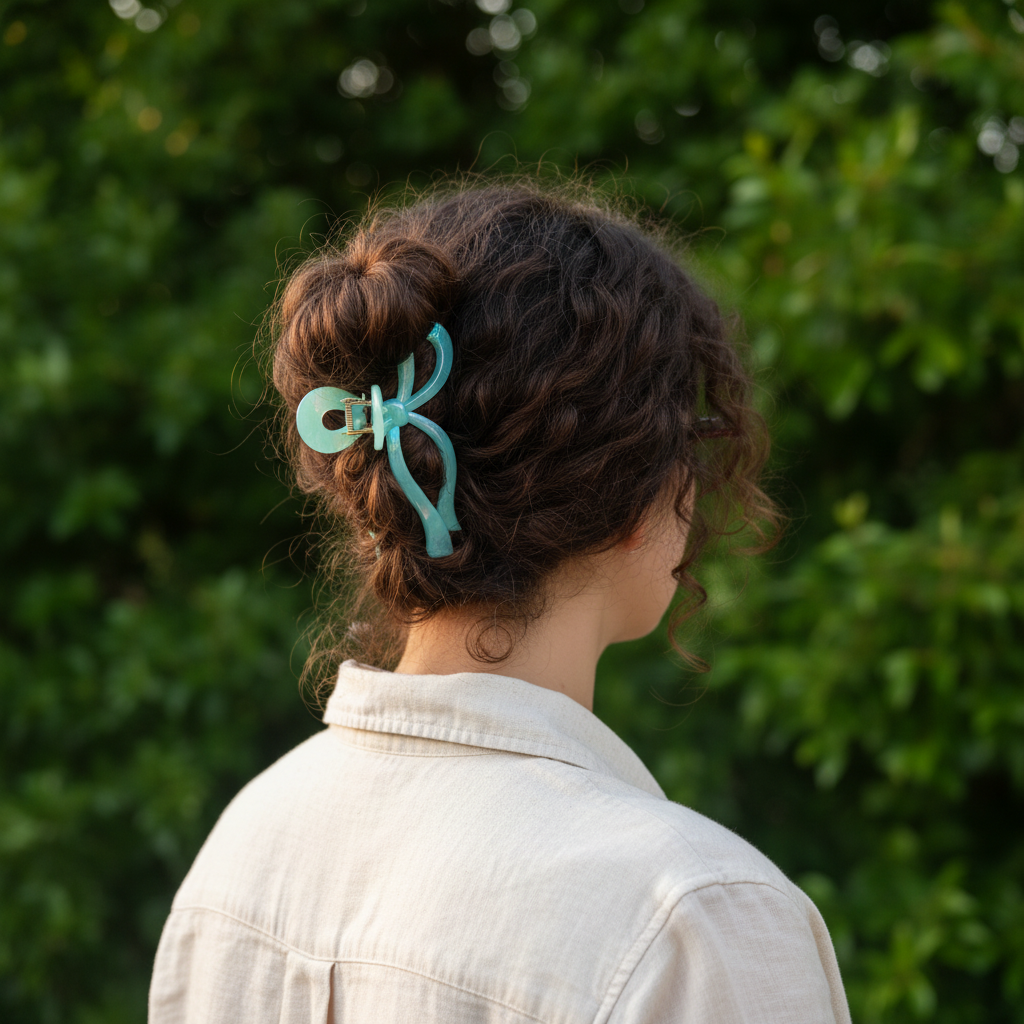 Curly brunette with mint blue bow clip
