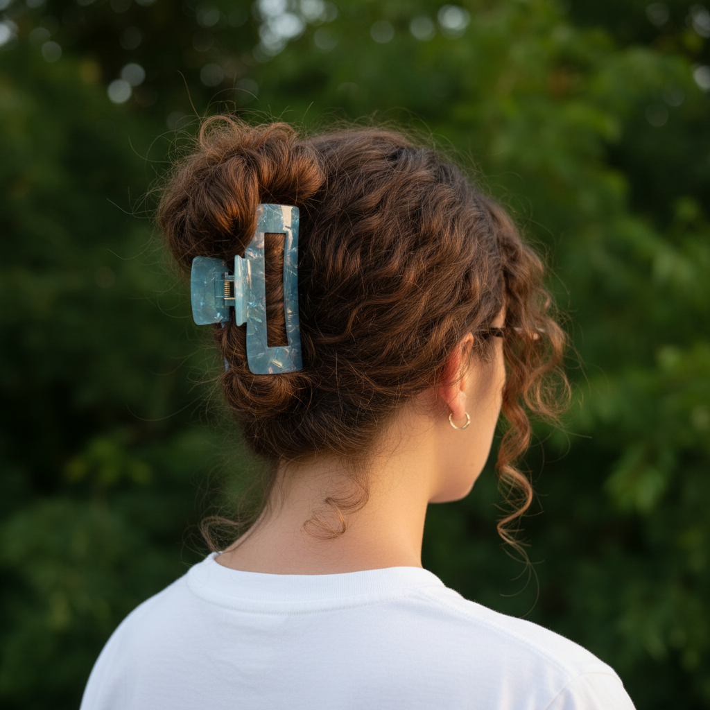 Curly chestnut brown with blue claw clip