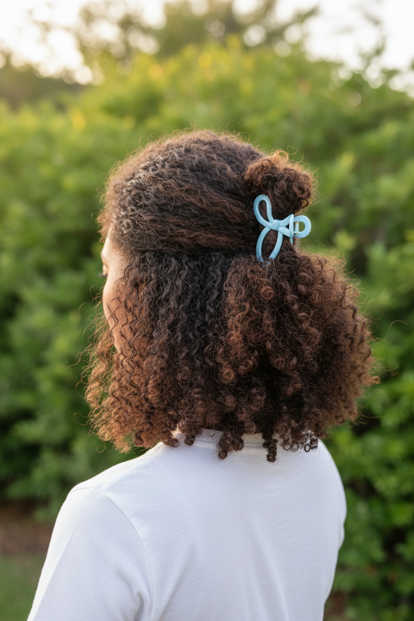 Curly hair half-up with white tee