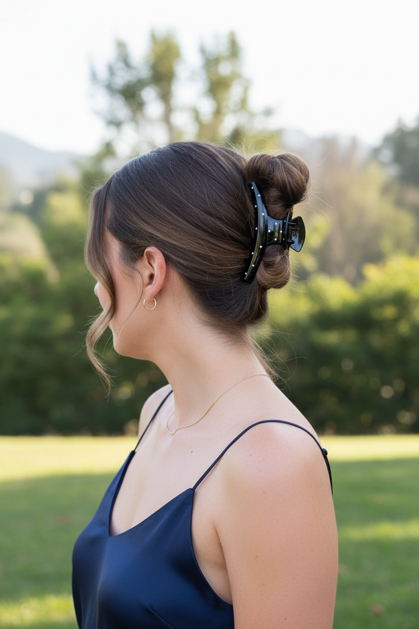 Dark brown side bun with navy camisole