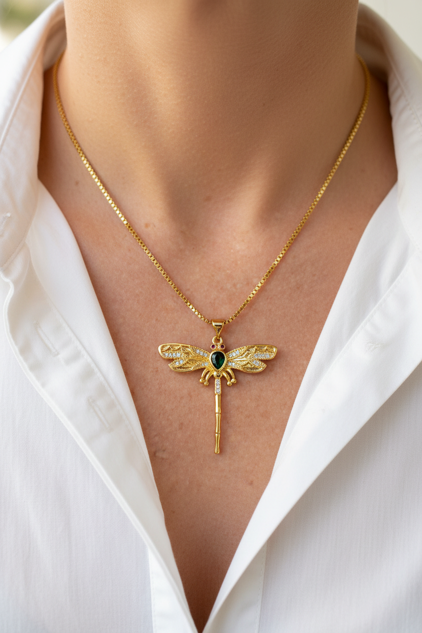 Dragonfly necklace straight-on shirt