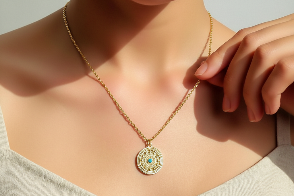 Evil eye necklace hand touching pendant