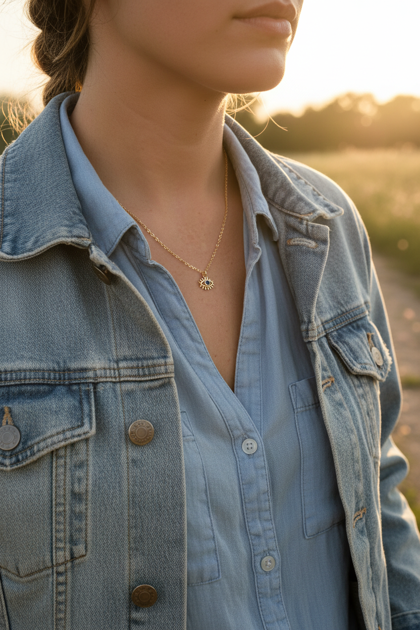 Evil eye necklace with denim jacket