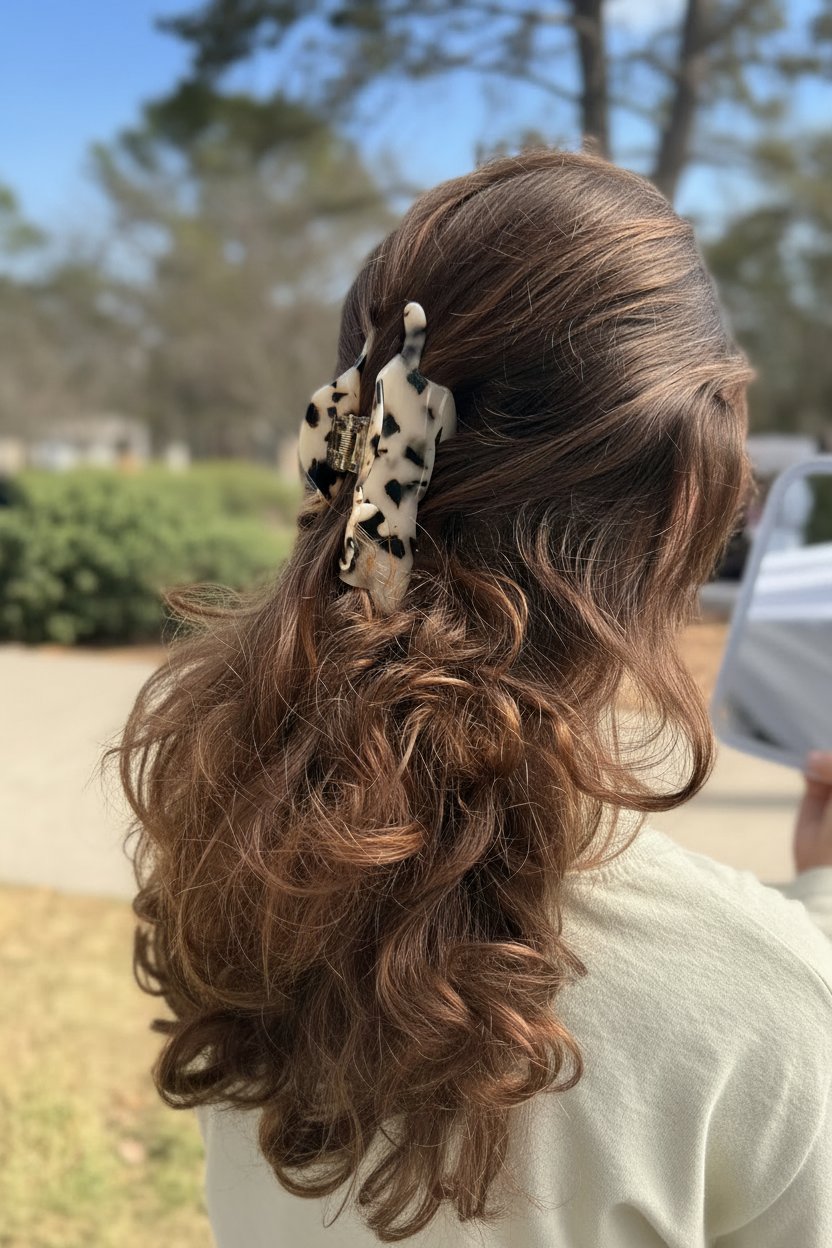 Hair claw clip with clean outdoor background