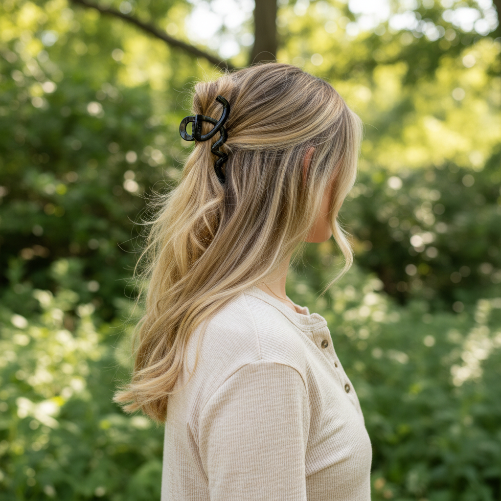 Honey blonde balayage with clip in oatmeal henley