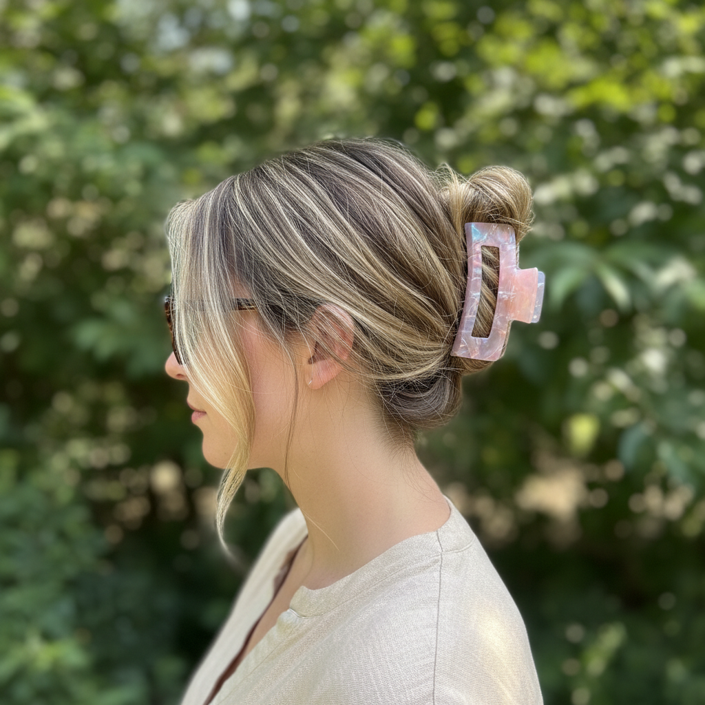 Honey blonde balayage with pink purple claw clip