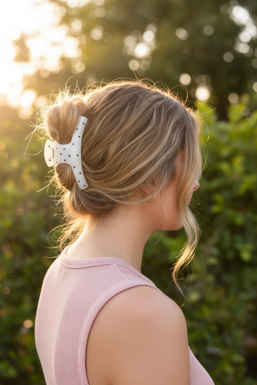 Honey blonde messy top knot with blush pink tank