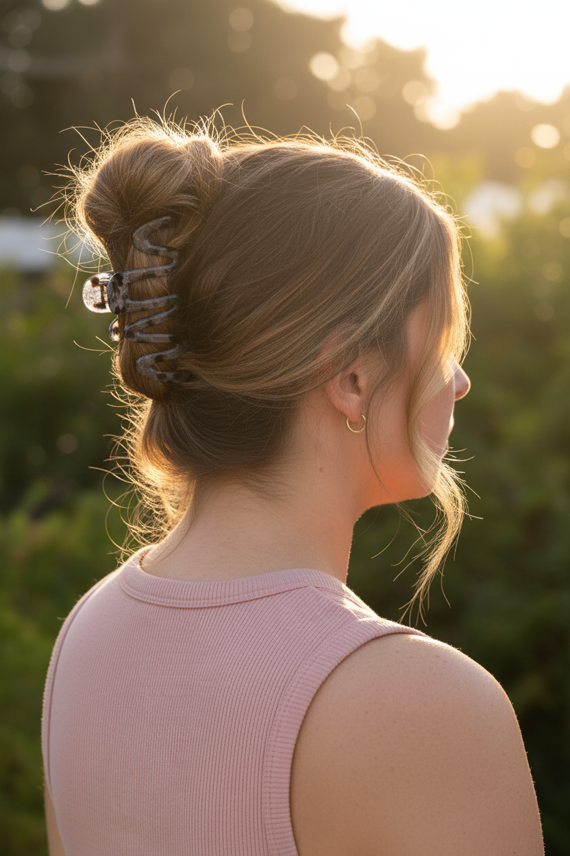 Honey blonde messy top knot with blush pink tank