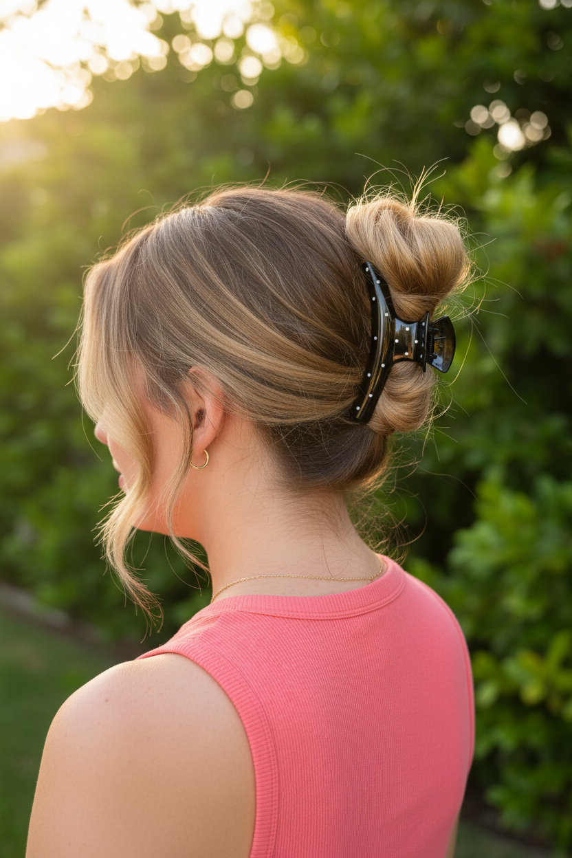 Honey blonde messy top knot with coral pink tank