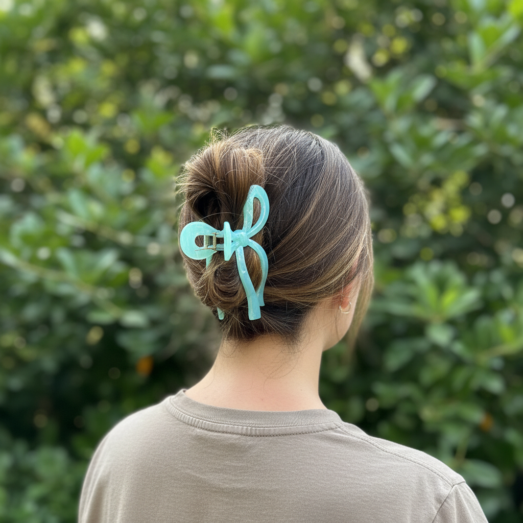 Honey brown highlights with mint blue bow clip