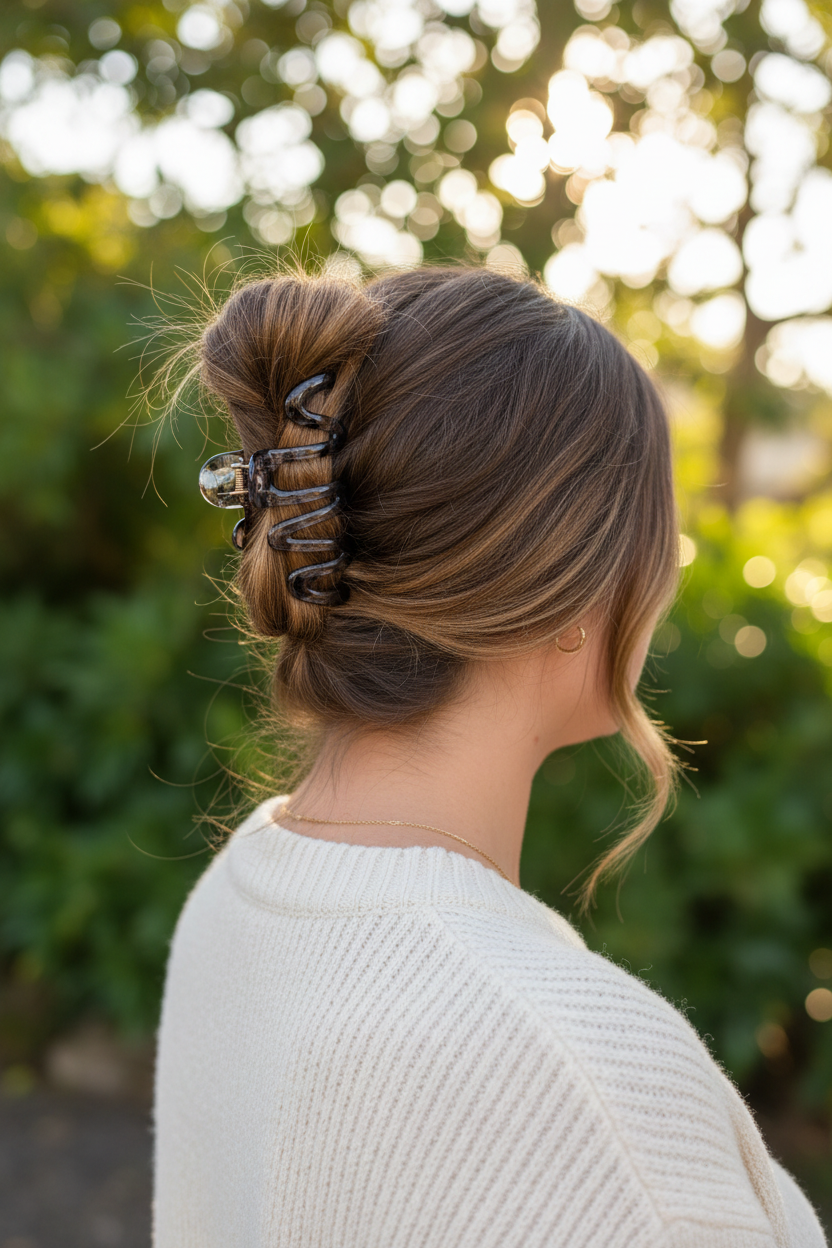 Honey brown low bun with cream sweater