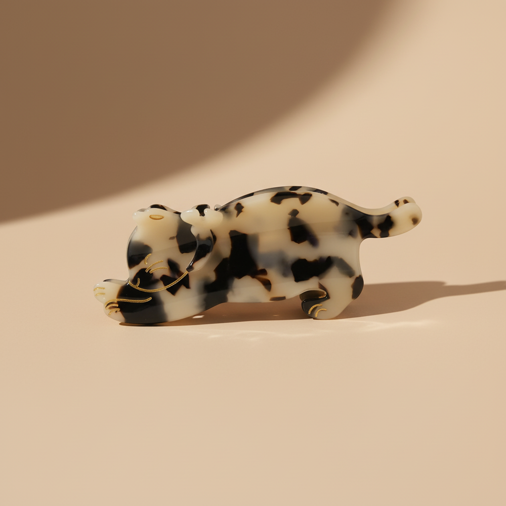 Cow print cat hair claw clip on warm beige surface