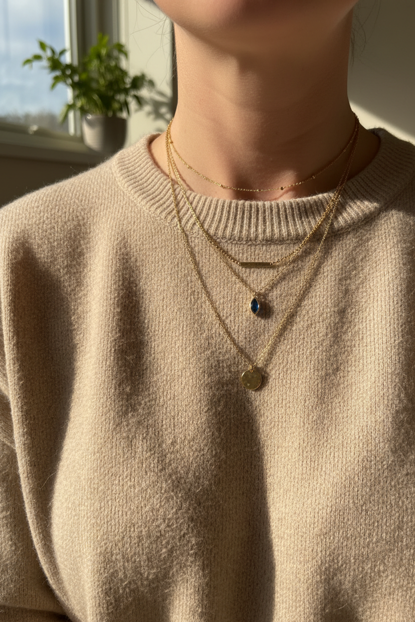 Layering blue gemstone necklace with other gold chains