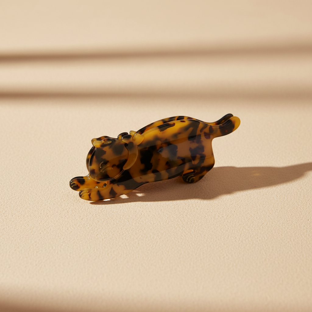 Tortoiseshell cat hair claw clip on warm beige surface