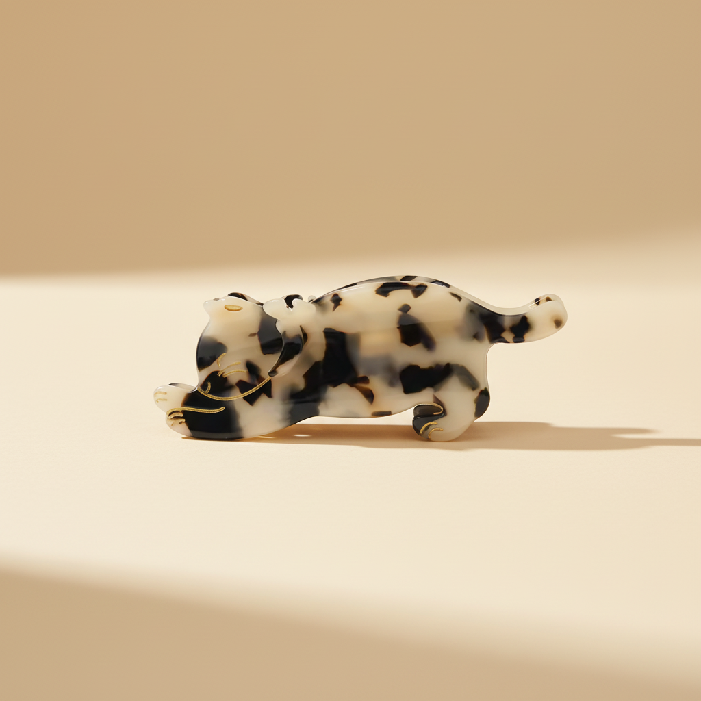 Cow print cat hair claw clip on warm ivory background