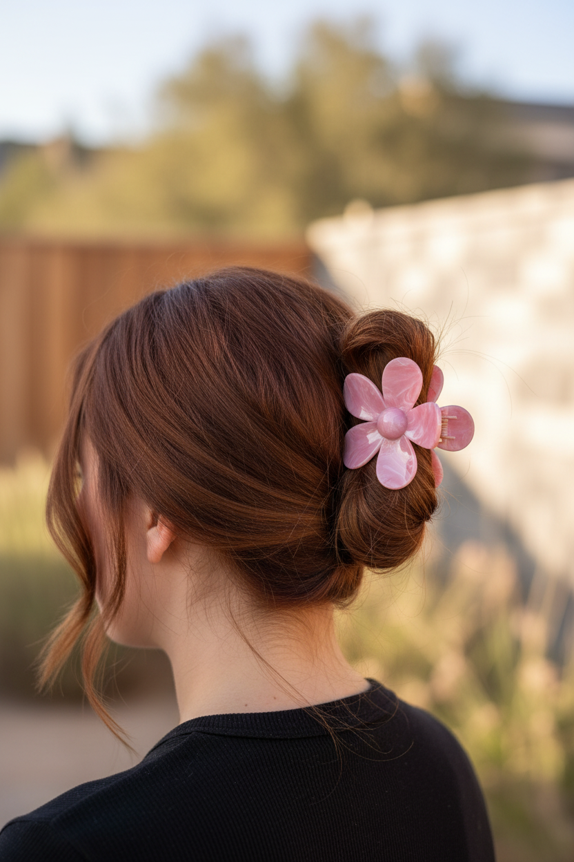 Pink flower clip lifestyle - side bun
