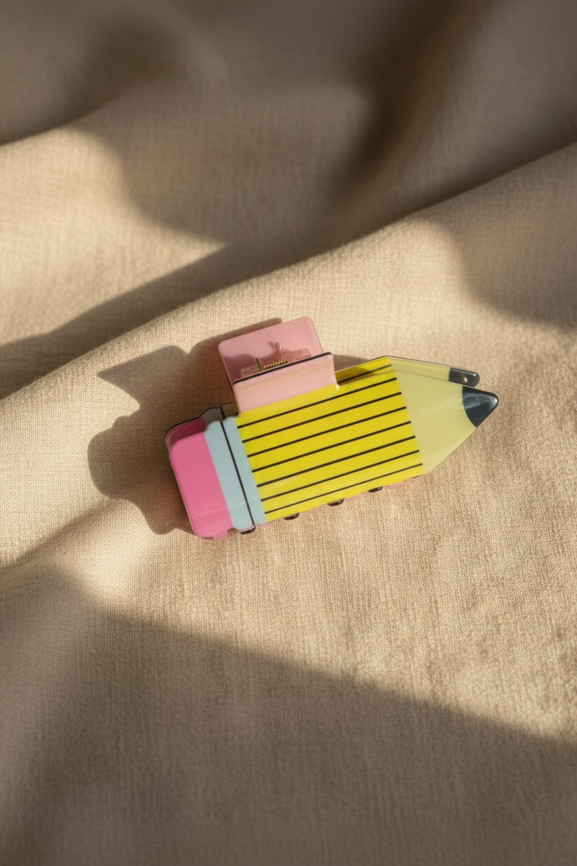 Yellow pencil hair clip on linen bedding