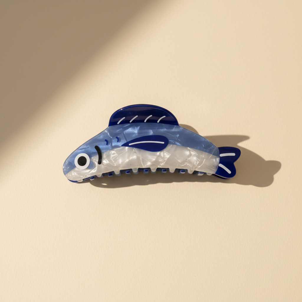 Large fish hair claw clip on warm ivory background