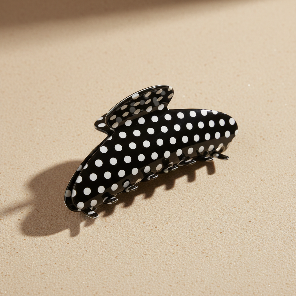 Medium black polka dot hair claw clip on warm beige surface