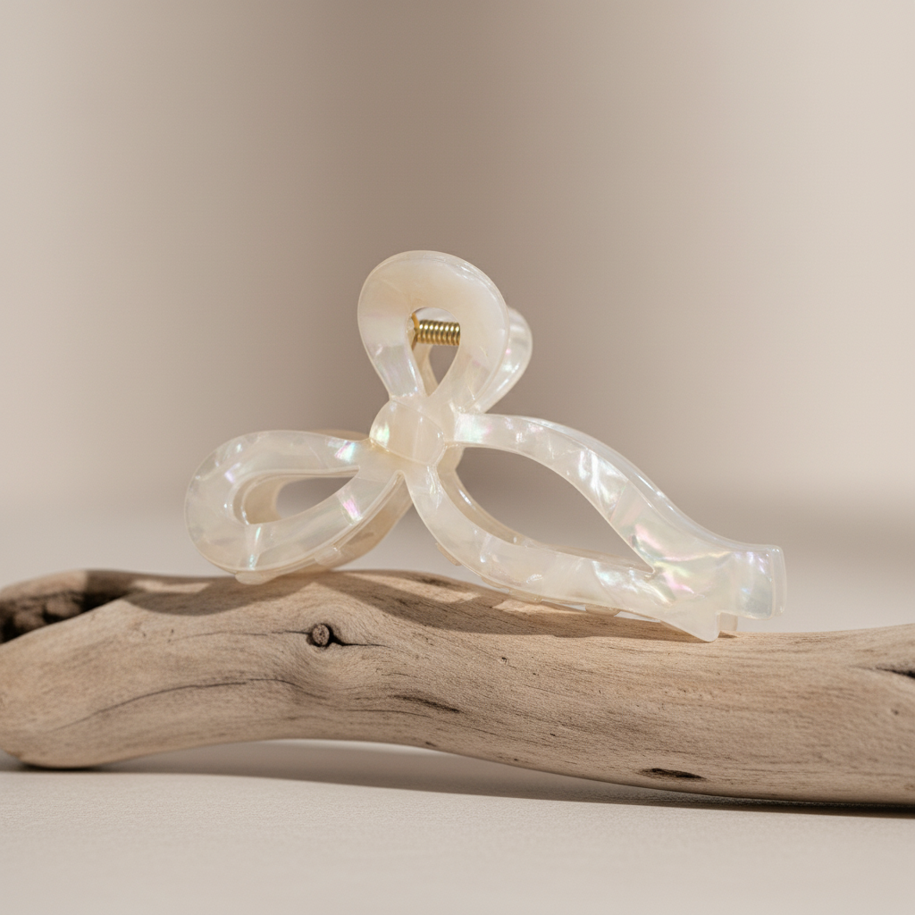 Champagne bow hair clip on driftwood display